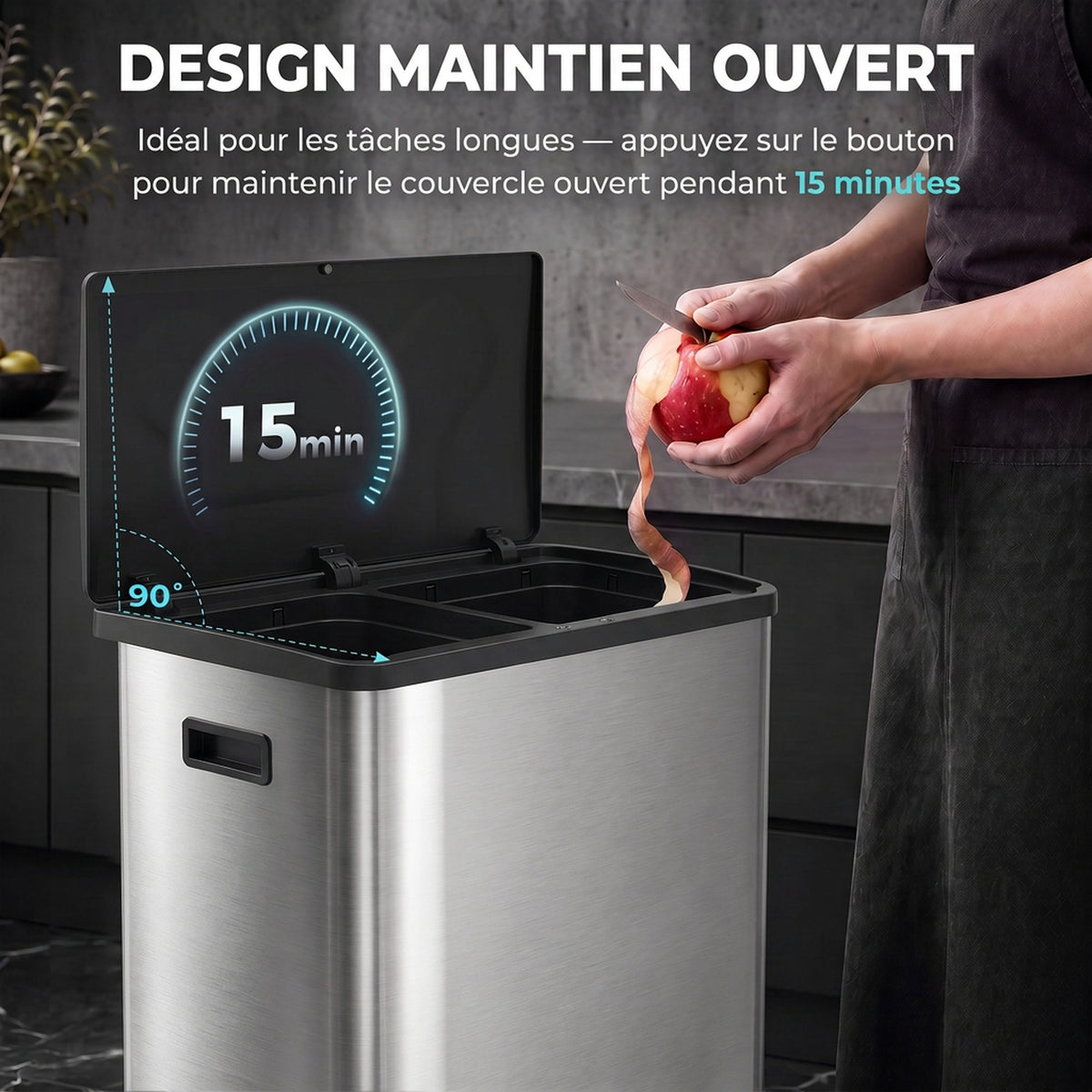 Poubelle de Cuisine Automatique 60 L, Poubelle à Double Compartiment, Capteur de Mouvement, Seaux Amovibles, Argent-5