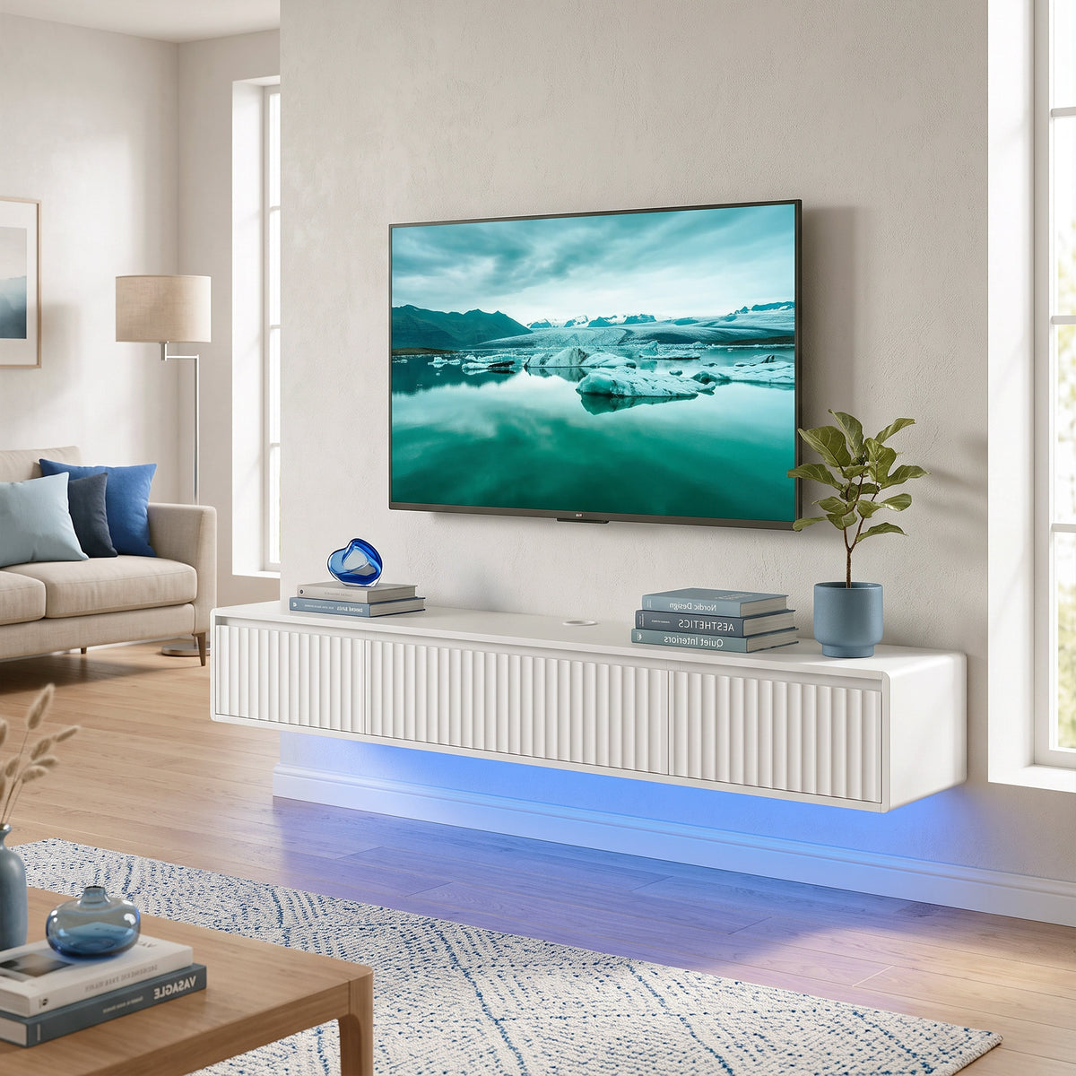 Meuble TV Suspendu Flottant 160 cm avec Éclairage LED et Prises, Meuble Télé pour Téléviseur 72 Pouces, Blanc-9