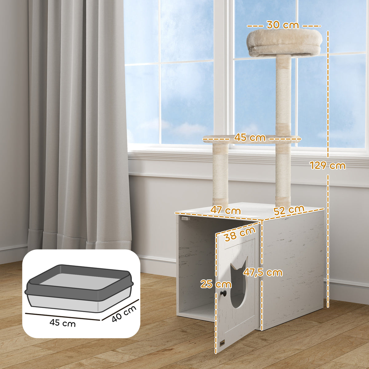 Arbre à chat avec maison de toilettes, tour de jeu 2-en-1 de 129 cm avec cache-litière, poteaux à griffer, crème-2