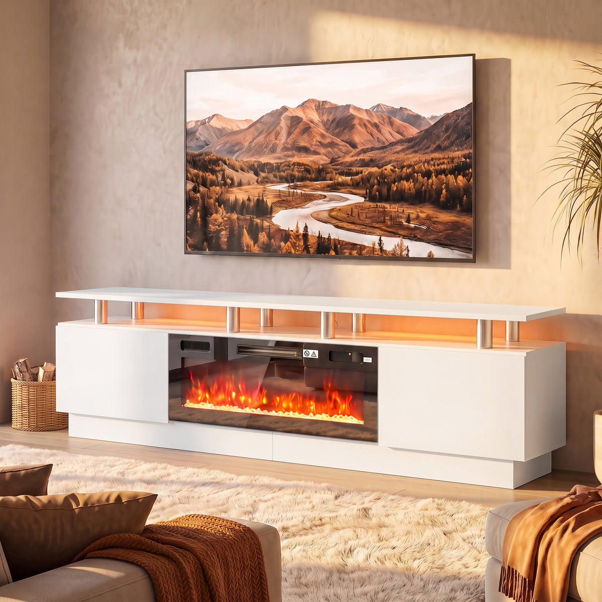 Meuble TV avec Cheminée Électrique 203cm avec Éclairage LED Fausse Cheminée Décorative 900/1800W Effet Flamme 3D Blanc-1