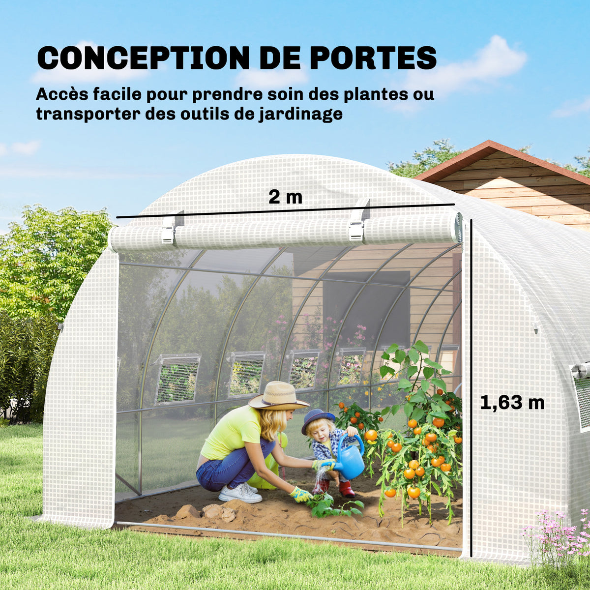 Serre de jardin tunnel 24m² 8L x 3l x 2H m - 16 fenêtres, Porte zippée enroulable acier galvanisé, bâche PE, Blanc-4