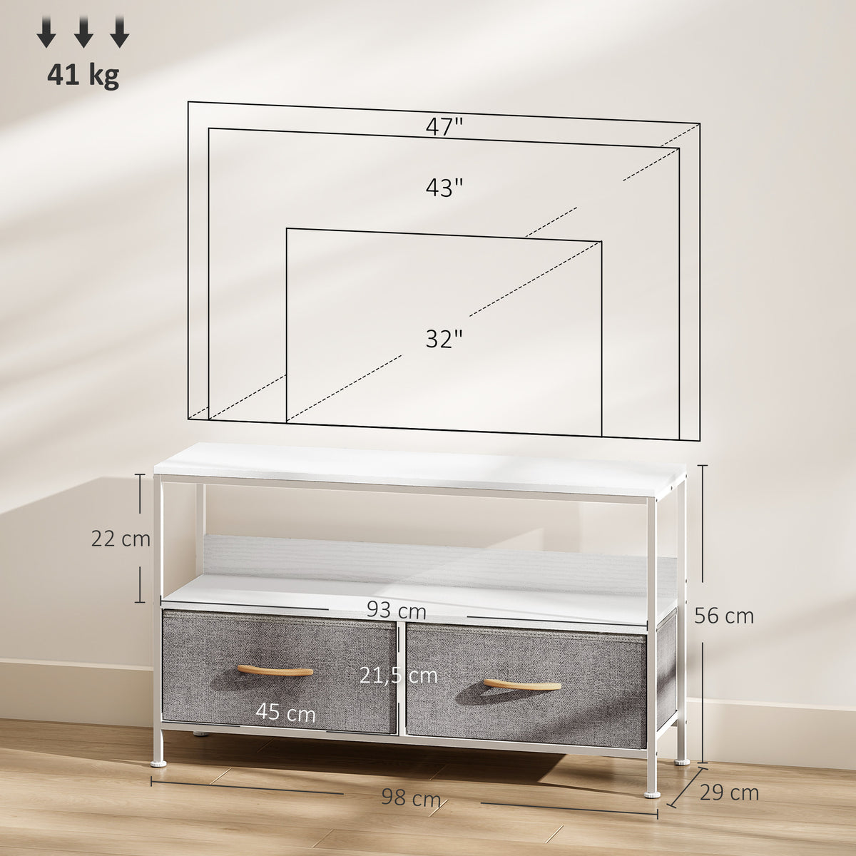 Meuble TV, meuble télé pour téléviseur jusqu'à 47 pouces avec 2 tiroirs et pieds en acier, 98 x 29 x 56 cm, gris clair-2
