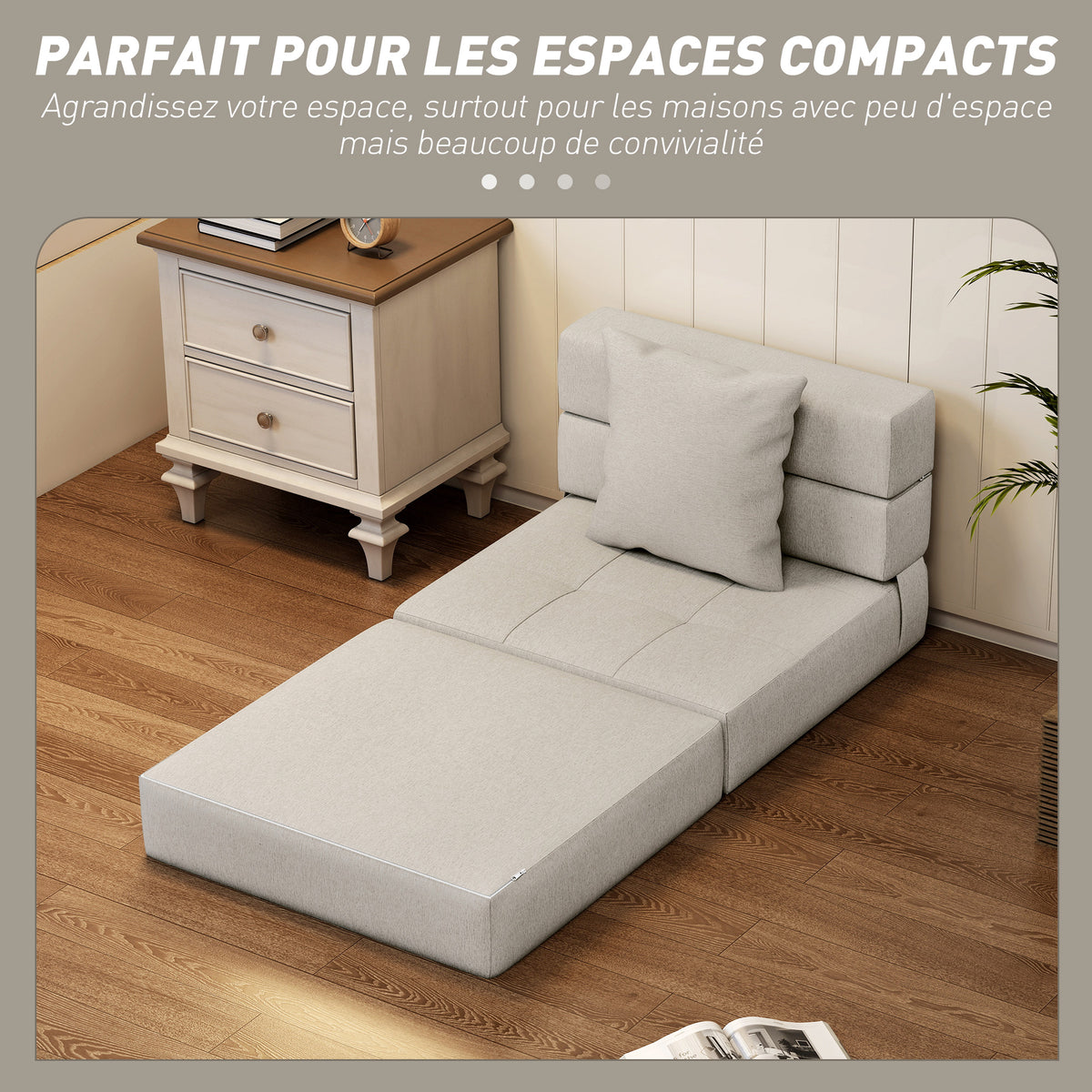 Chauffeuse canapé-lit convertible fauteuil 1 place avec 1 coussin déhoussable, tissu beige-5