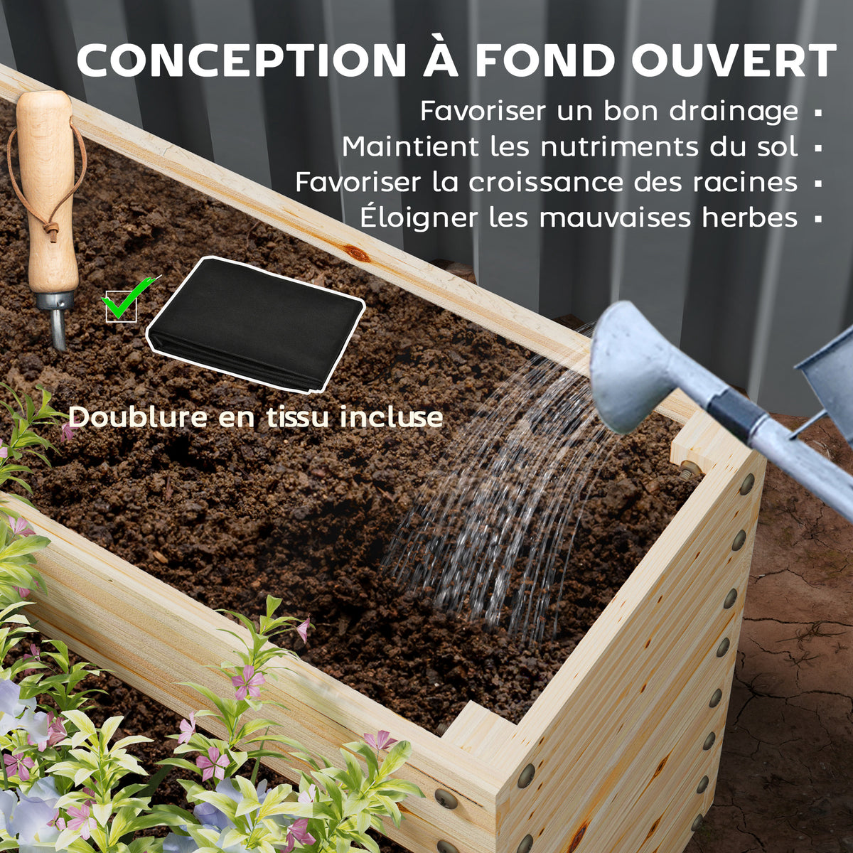 Carré potager de jardin sans fond 4 étages pour herbes légumes fruits fleurs 113 x 113 x 46 cm bois naturel-4