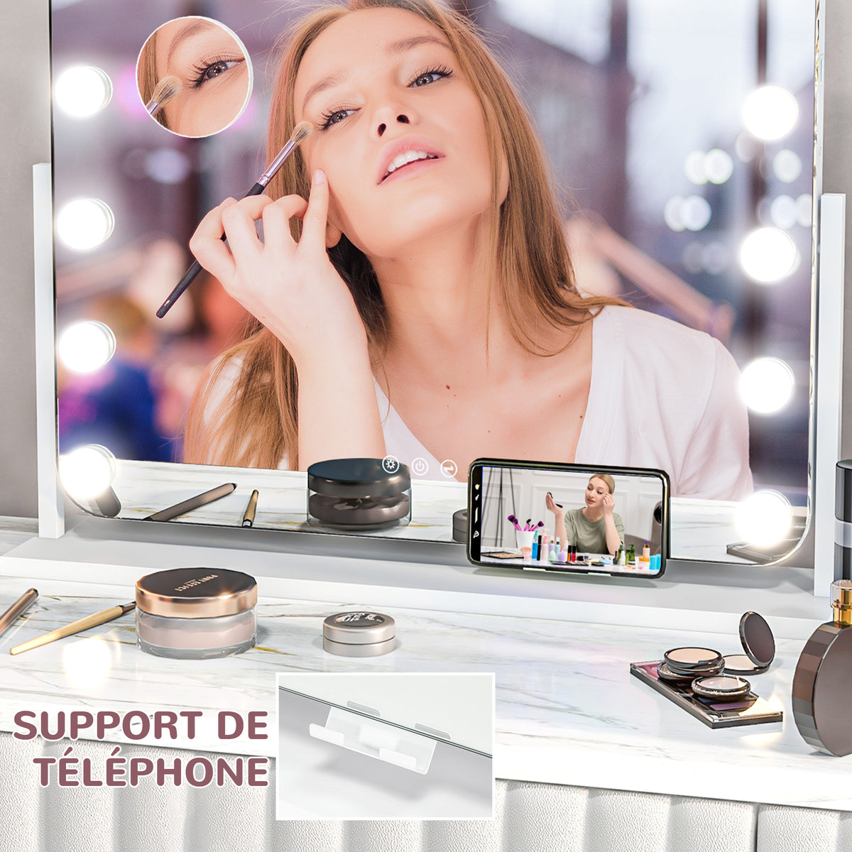 Miroir maquillage lumineux LED intensité réglable miroir grossissant port de charge USB, rotation à 360° 63 x 50 cm-4