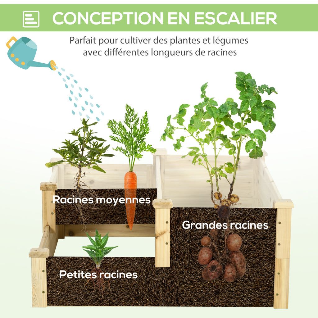Carré potager en bois jardinière extérieure en escalier 3 niveaux design sans fond 108 x 88 x 36 cm bois naturel-5