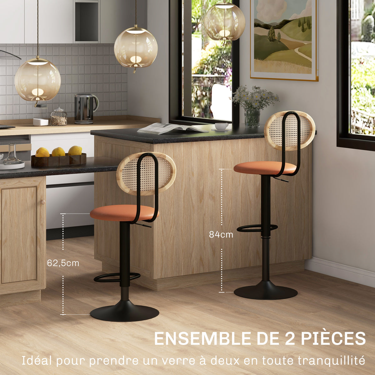 Lot de 2 tabourets de bar chaises de bar hauteur réglable avec dossier en rotin et repose-pieds, marron-3