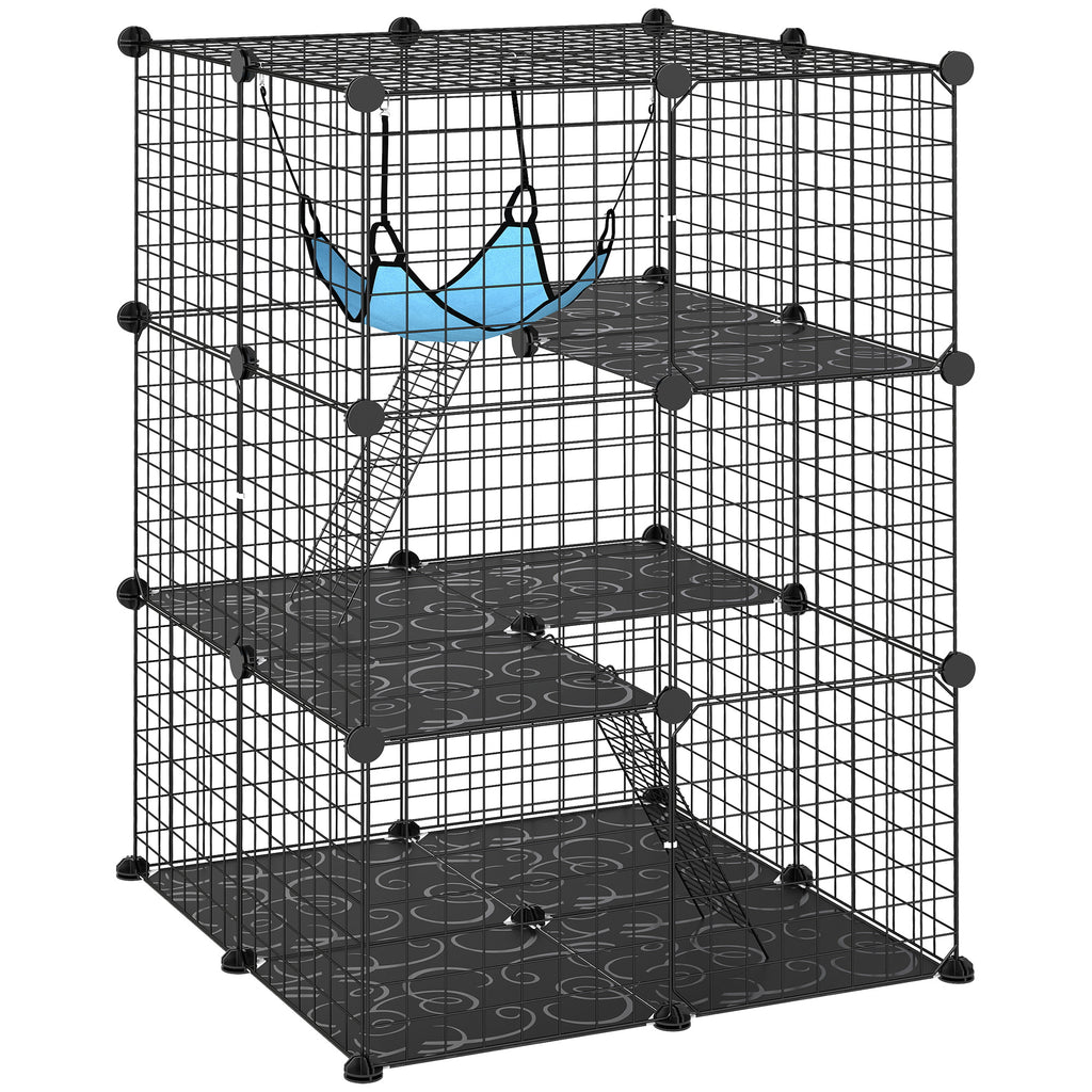 Cage Chat Intérieur Enclos Chat Modulable 3 Portes Hamac Échelle pour Petits Animaux de Compagnie 70x70x105cm Noir-0