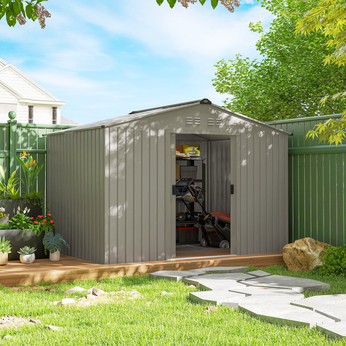 Abri de jardin 5,4 m² dim. 2,77 x 1,95 x 1,92 m fondation incluse porte coulissante ventilations tôle acier, anthracite-9