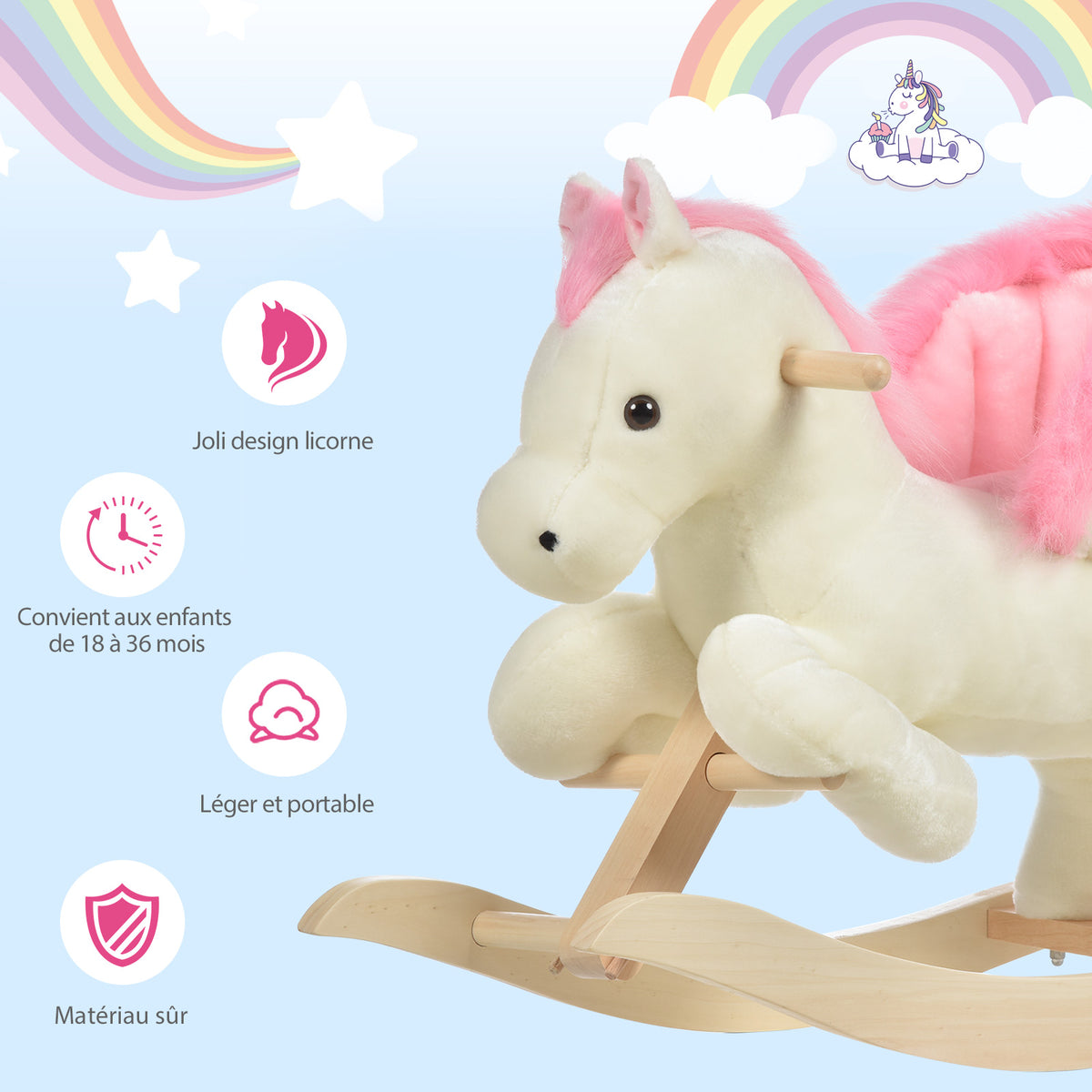 Cheval à Bascule Fonction Musicale Selle Grand Confort Peluche Courte Douce Pour Enfants 18-36 Mois Bois peuplier Blanc et Rose dim. 70L x 28l x 57H cm-4