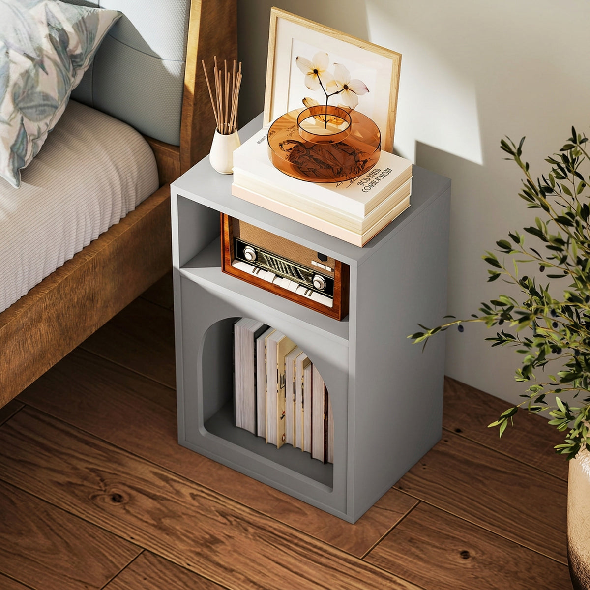 Table de chevet, table de nuit avec compartiments ouverts, design arqué, 40 x 30 x 60 cm, gris-5