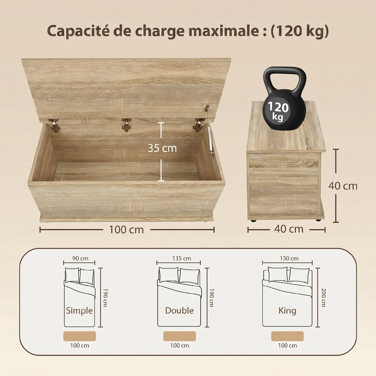 Coffre de rangement, banc de rangement avec couvercle rabattable et charnières de sécurité, 100 x 40 x 40 cm, naturel-2
