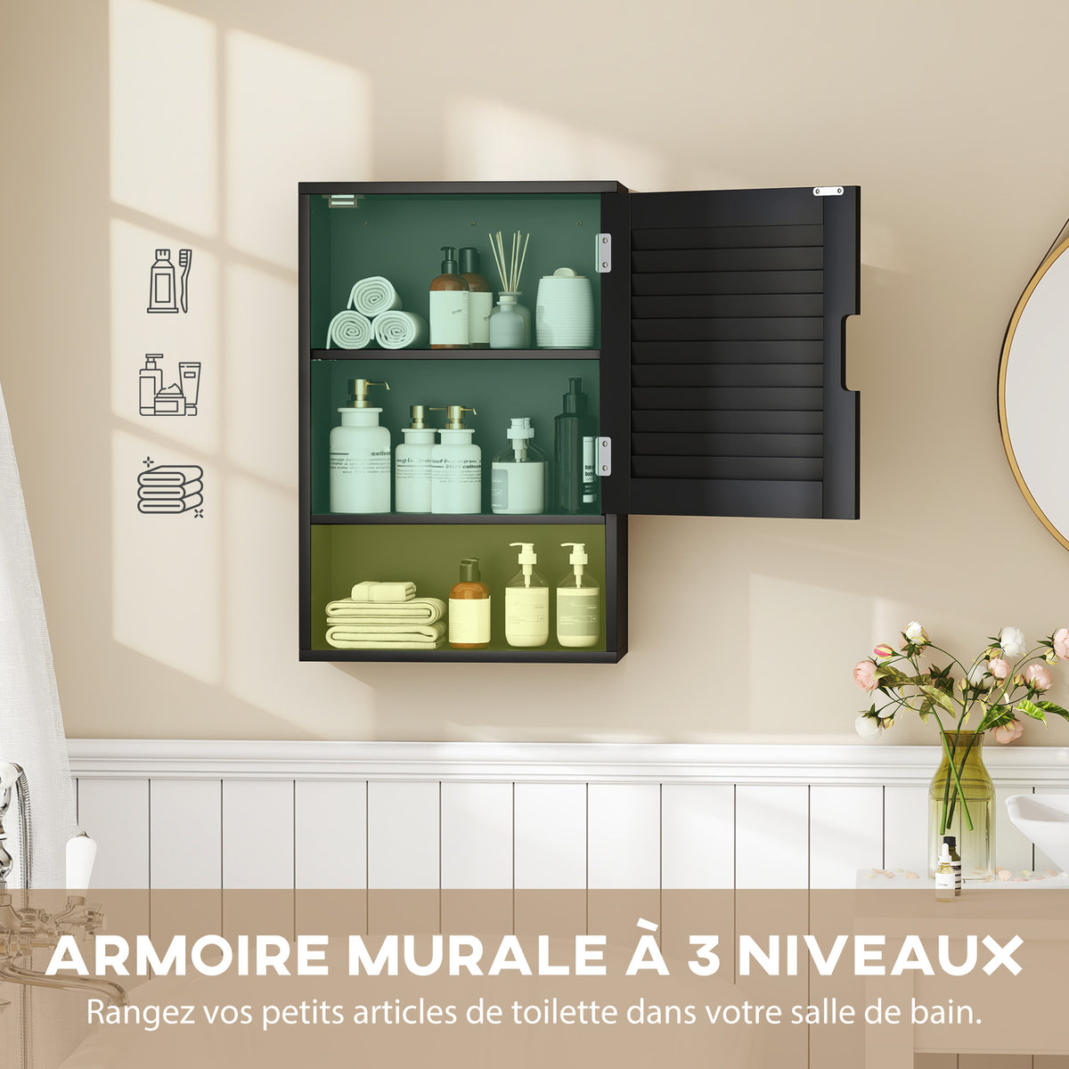 Armoire murale de salle de bain avec porte à lattes, étagère réglable et compartiment ouvert, 40x20x60cm, noir-3