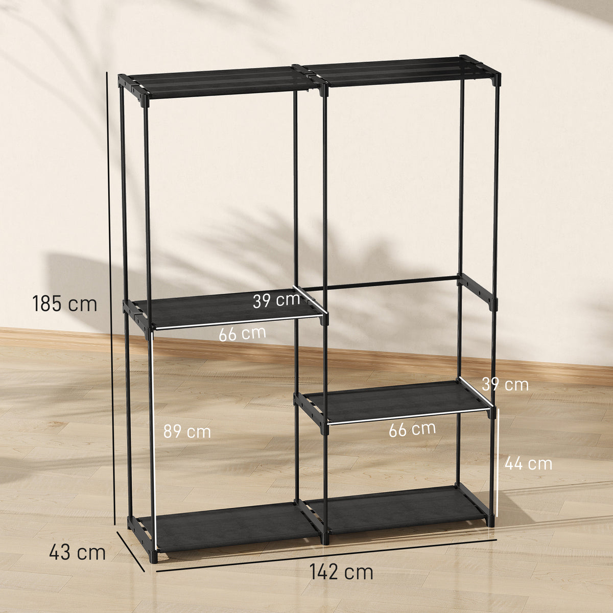 Armoire de rangement, penderie portable avec 3 barres de suspension et 4 étagères, 142 x 43 x 185 cm, noir-2