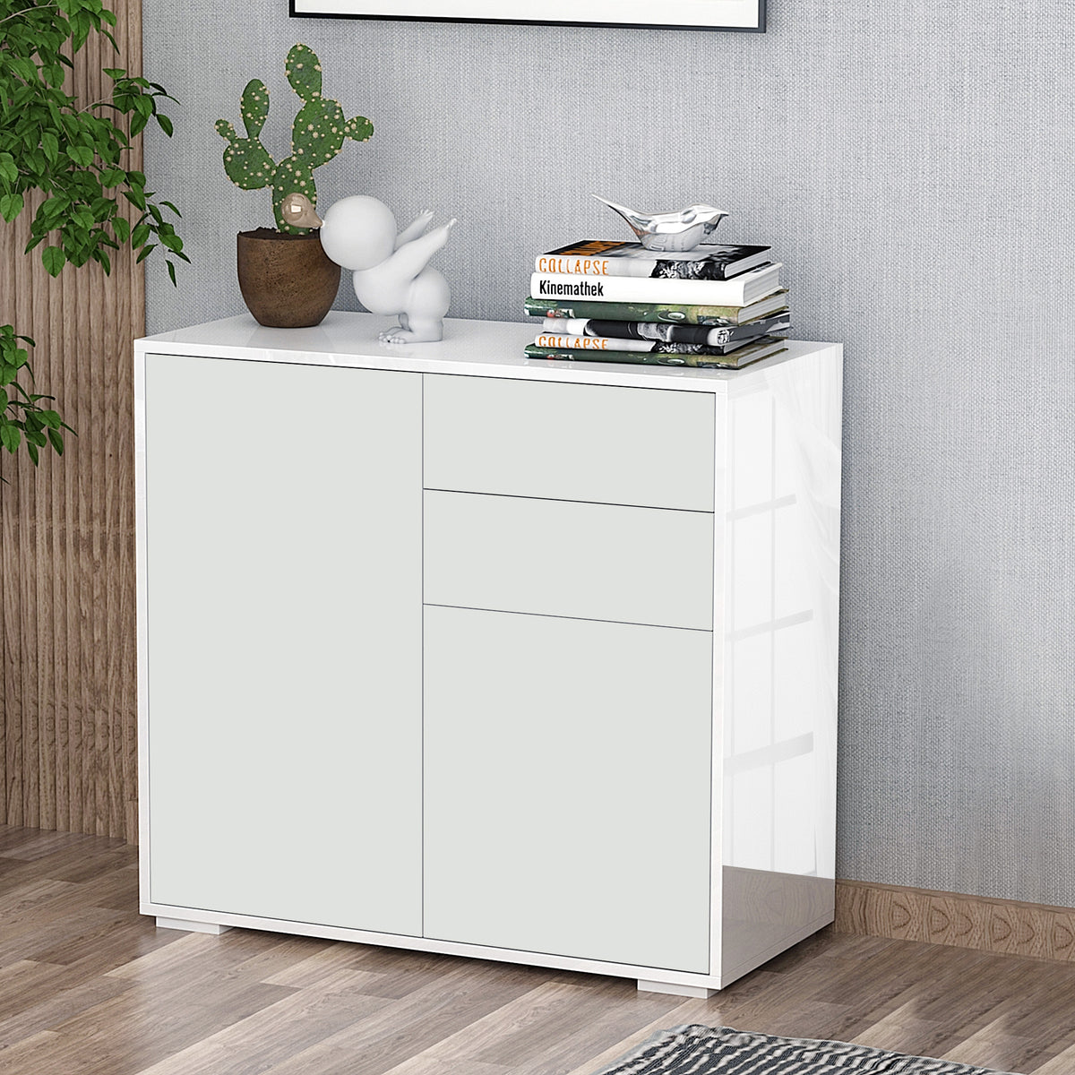 Meuble rangement buffet commode armoire 2 tiroirs 2 placards portes, étagères chambre, 79x36x74cm blanc-1