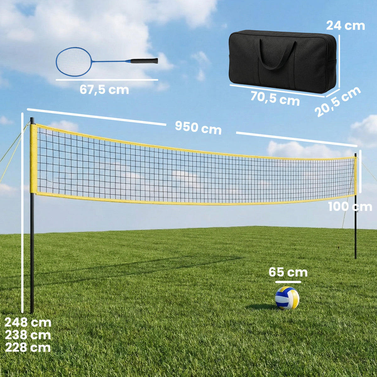 Ensemble de Volley-Ball et Badminton, Poteaux en Acier Hauteur Réglable, Sac de transport, pour Pelouse Plage Jardin-2