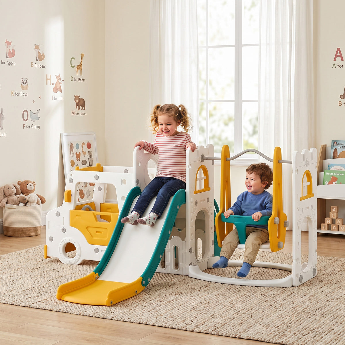 Ensemble Toboggan et Balançoire 7 en 1 pour Enfants, Aire de Jeux Intérieure, Thème Voiture, pour 1-4 Ans, Blanc-1