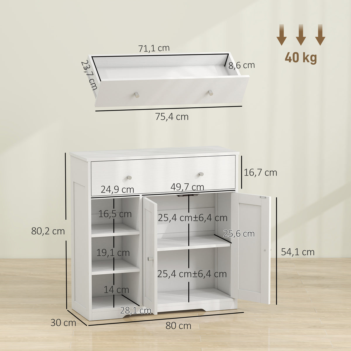 Meuble de Salle de Bain avec 1 Tiroir, 2 Portes, 3 Compartiments Ouverts, Style Scandinave, 80x30x80,2cm, Blanc-2