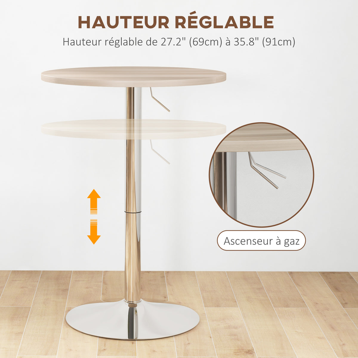Table de bar ronde table haute cuisine réglable en hauteur 69-91 cm plateau pivotante à 360° naturel et gris-3
