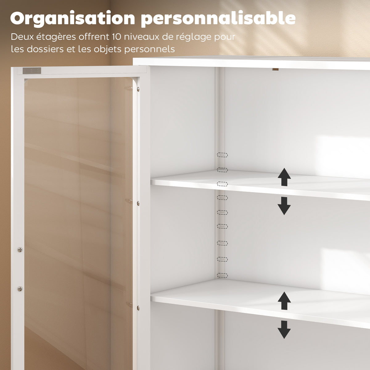 Armoire de bureau avec 2 portes en verre, 2 étagères réglables, meuble de rangement bureau en acier, 80x40x110cm, blanc-4