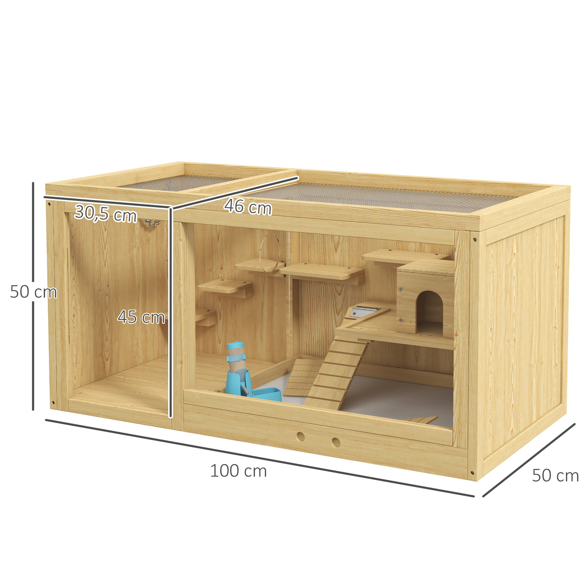 Cage Hamster Habitat pour Rongeurs Souris Plusieurs Niveaux Plateformes Échelle Balançoires 100 x 50 x 50 cm Naturel-2