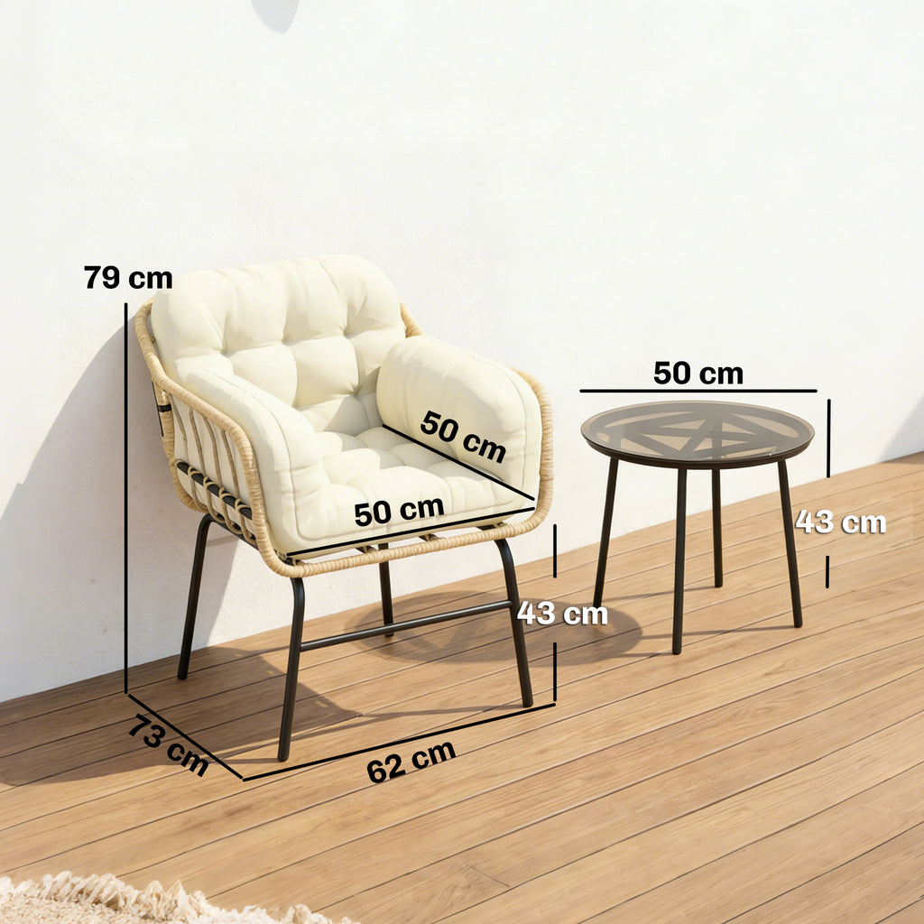 Salon de Jardin Extérieur 3 Pièces en Résine Tressée, Table en Verre Trempé, 2 Fauteuils avec Coussins, 62x73x79cm, Crème-2