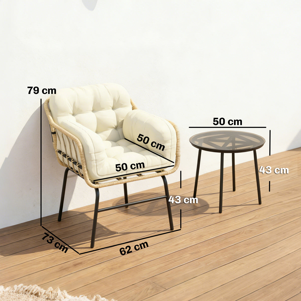 Salon de Jardin Extérieur 3 Pièces en Résine Tressée, Table en Verre Trempé, 2 Fauteuils avec Coussins, 62x73x79cm, Crème-2