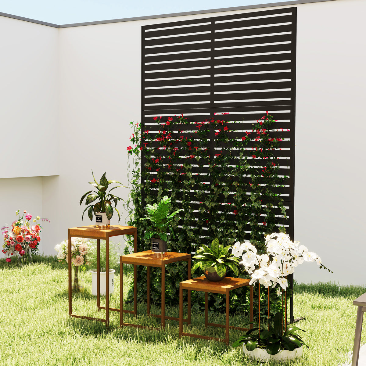 Panneau Brise Vue Extérieur Décoratif en Acier 122x198cm, Treillis pour Plantes Grimpantes, Support, Panneau Rayé, Noir-6