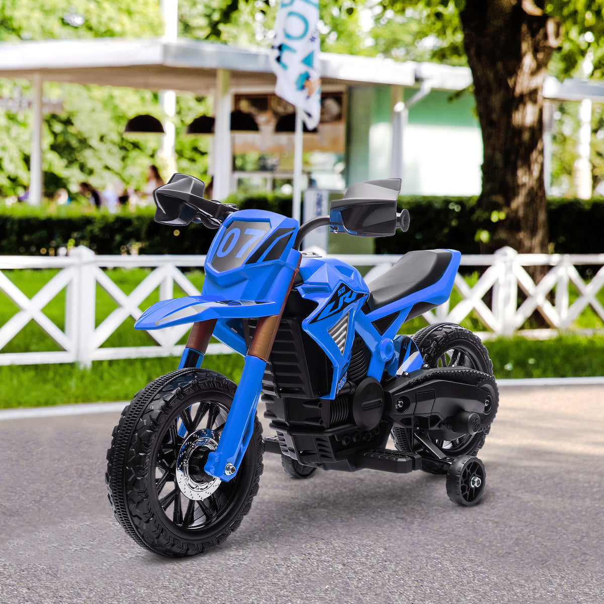 Moto cross électrique pour enfants 3-8 ans, batterie 6 V, 2 moteurs, klaxon et roues d'entraînement, charge 30KG, bleu-9