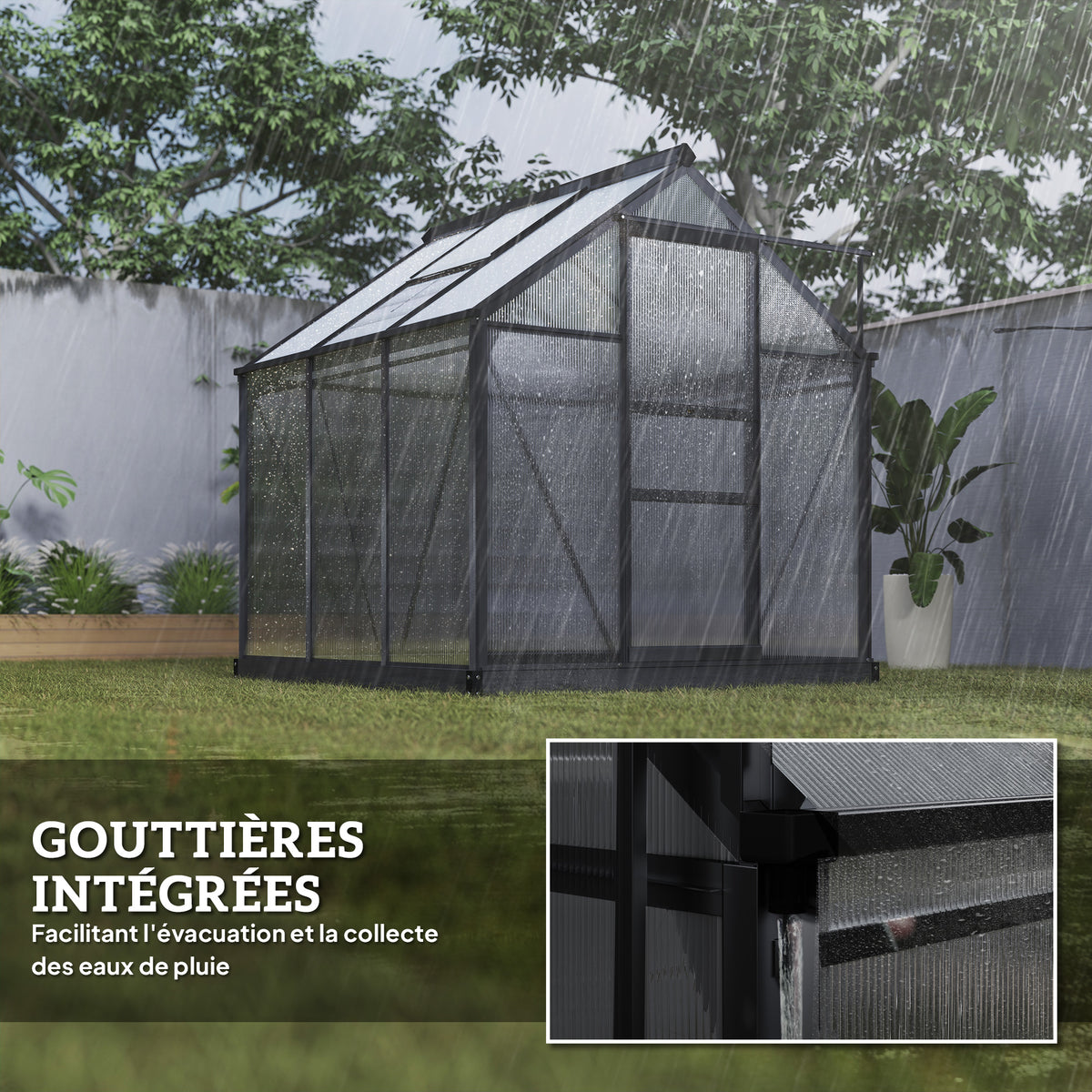 Serre de jardin polycarbonate 3,65m² 190 x 192 x 201 cm résistant aux UV fondation renforcé gouttière Gris-6