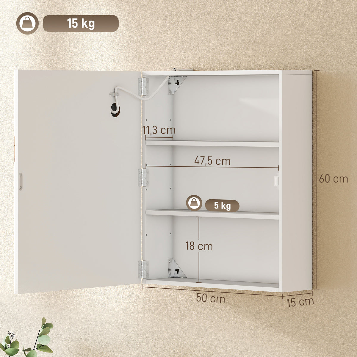 Armoire murale salle de bain avec miroir et éclairage LED, anti-buée, étagères réglables, 50 x 15 x 60 cm, blanc-2