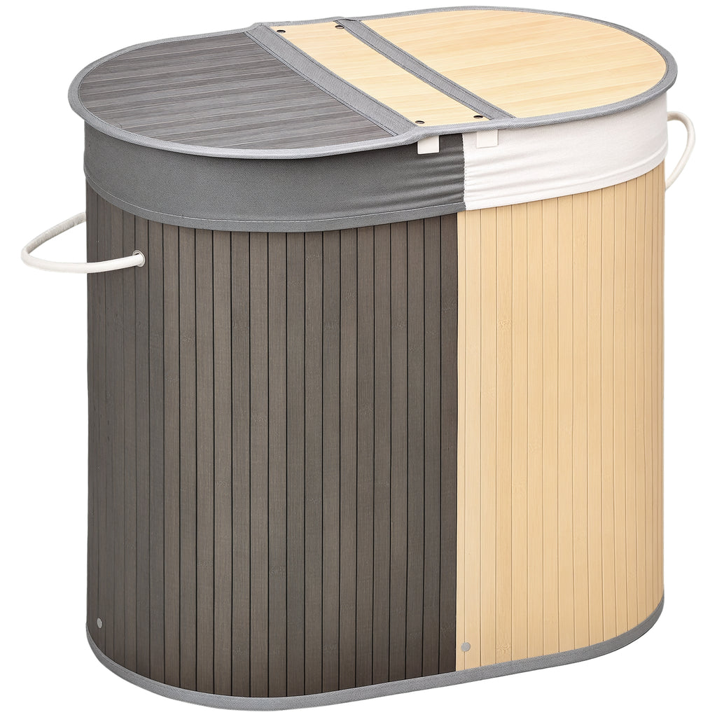 Panier à linge en bambou 100L avec 2 sections couvercle et sac amovible 62,5 x 37 x 60,5 cm - gris-0