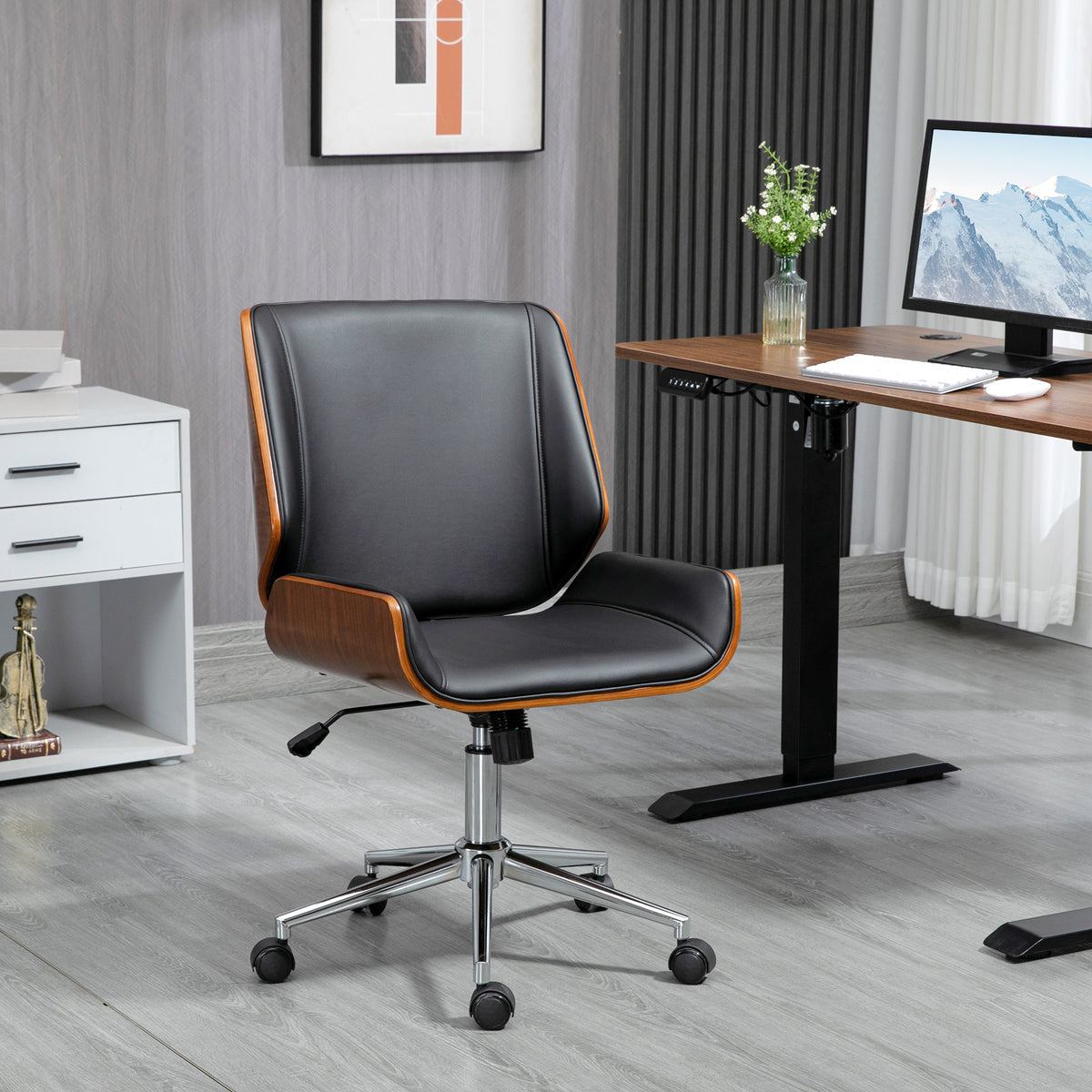 Chaise de bureau design vintage hauteur réglable pivotant 360° piètement chromé 53 x 60 x 86-96 cm gris-1