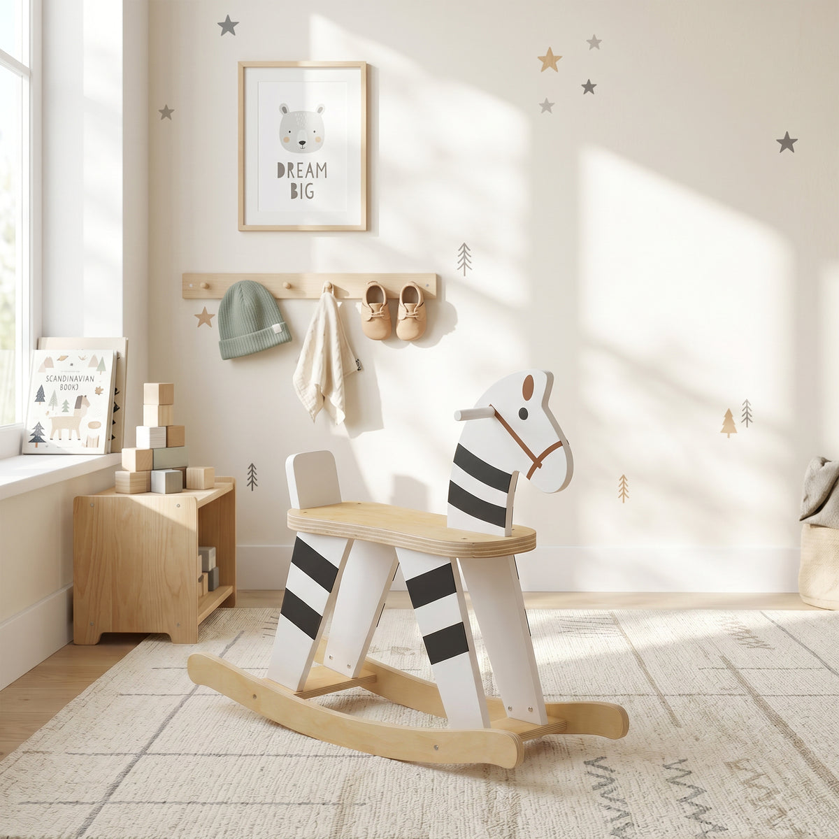 Cheval à Bascule pour Enfant, Jouet à Bascule pour Enfant avec Base en Bois et Dossier, 18 Mois à 3 Ans, Noir et Blanc-1