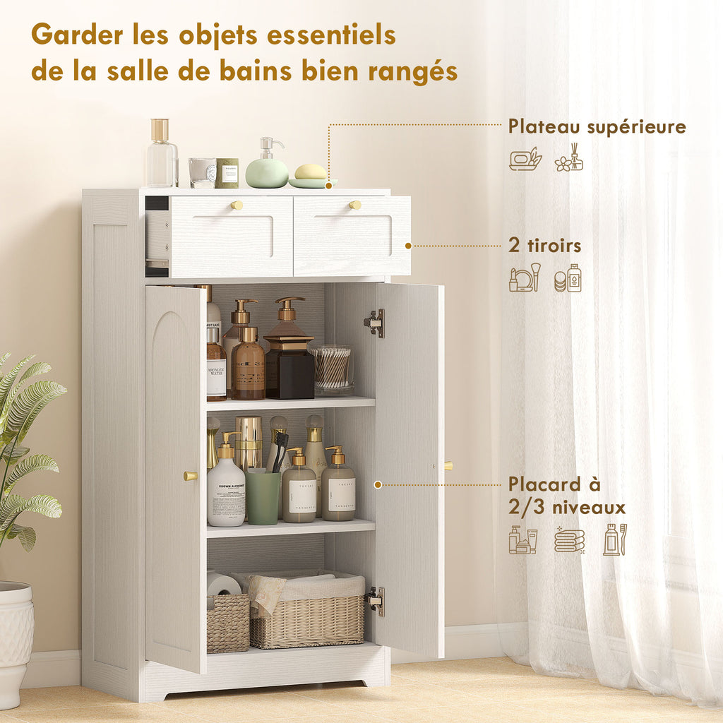 Meuble de salle de bain meuble de rangement avec 2 tiroirs double porte arquée étagères réglables 60x30x108cm blanc-3