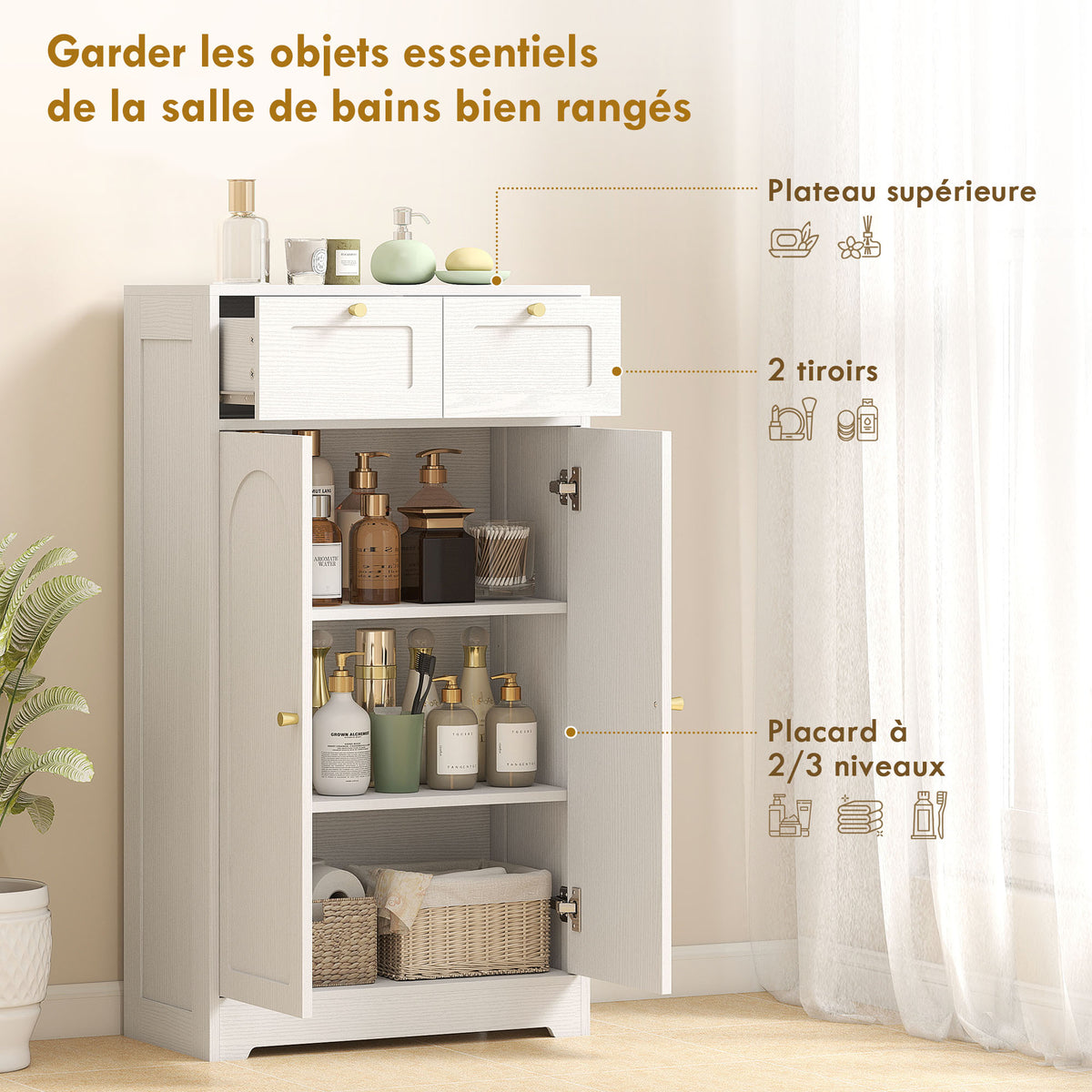 Meuble de salle de bain meuble de rangement avec 2 tiroirs double porte arquée étagères réglables 60x30x108cm blanc-3