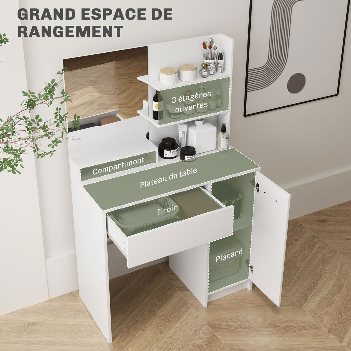 Ensemble coiffeuse avec miroir et tabouret, tiroir, armoire étagère réglable pour la chambre 80l x 40P x 132H cm, blanc-3