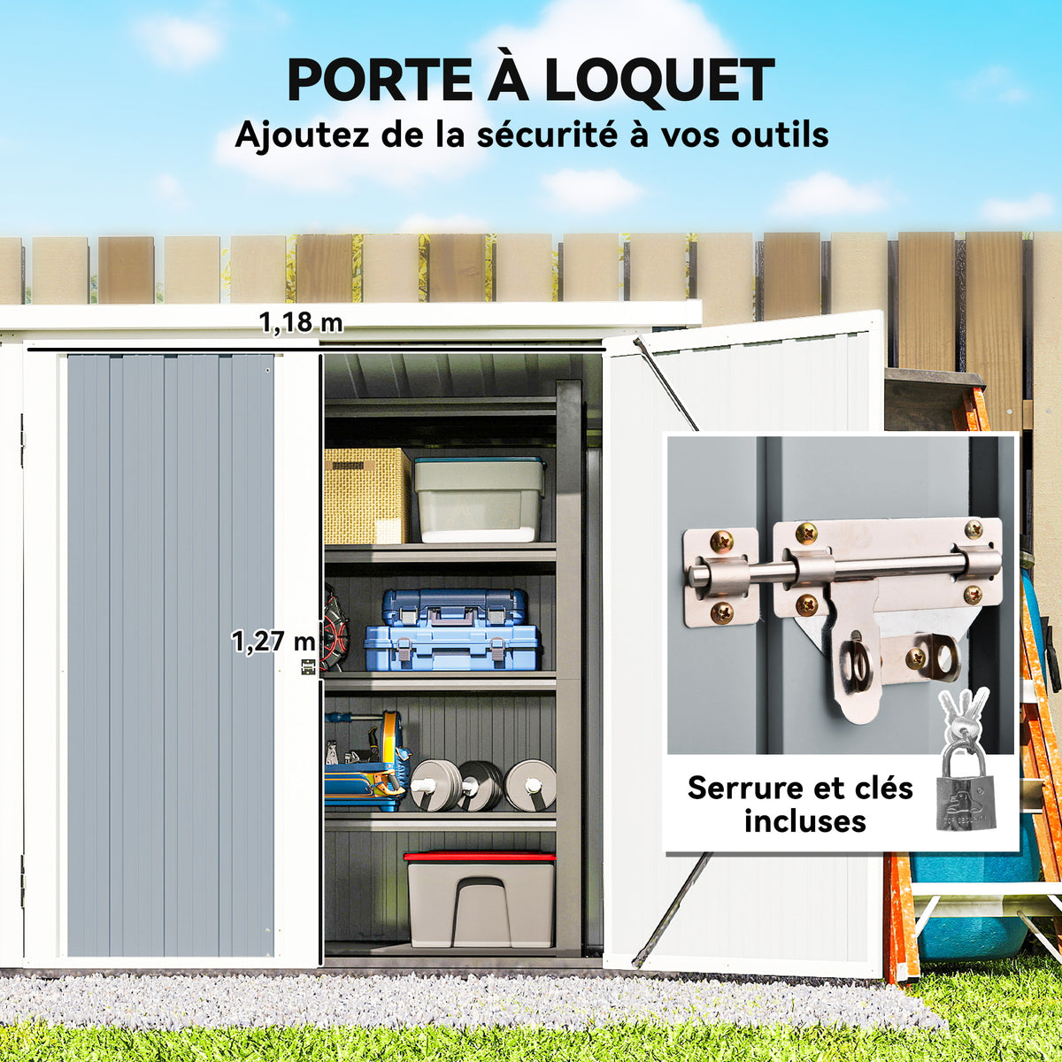 Abri de Jardin cabane de jardin 1,09 m² 2 Portes verrouillables 147 x 86 x 134 cm tôle d'acier Gris clair Blanc-4