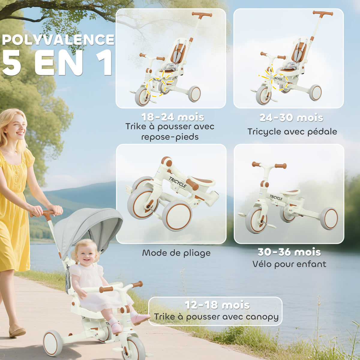 Tricycle bébé évolutif 5 en 1, tricycle enfant pliable avec poignée réglable, capote amovible, pour 1-3 ans, crème-3