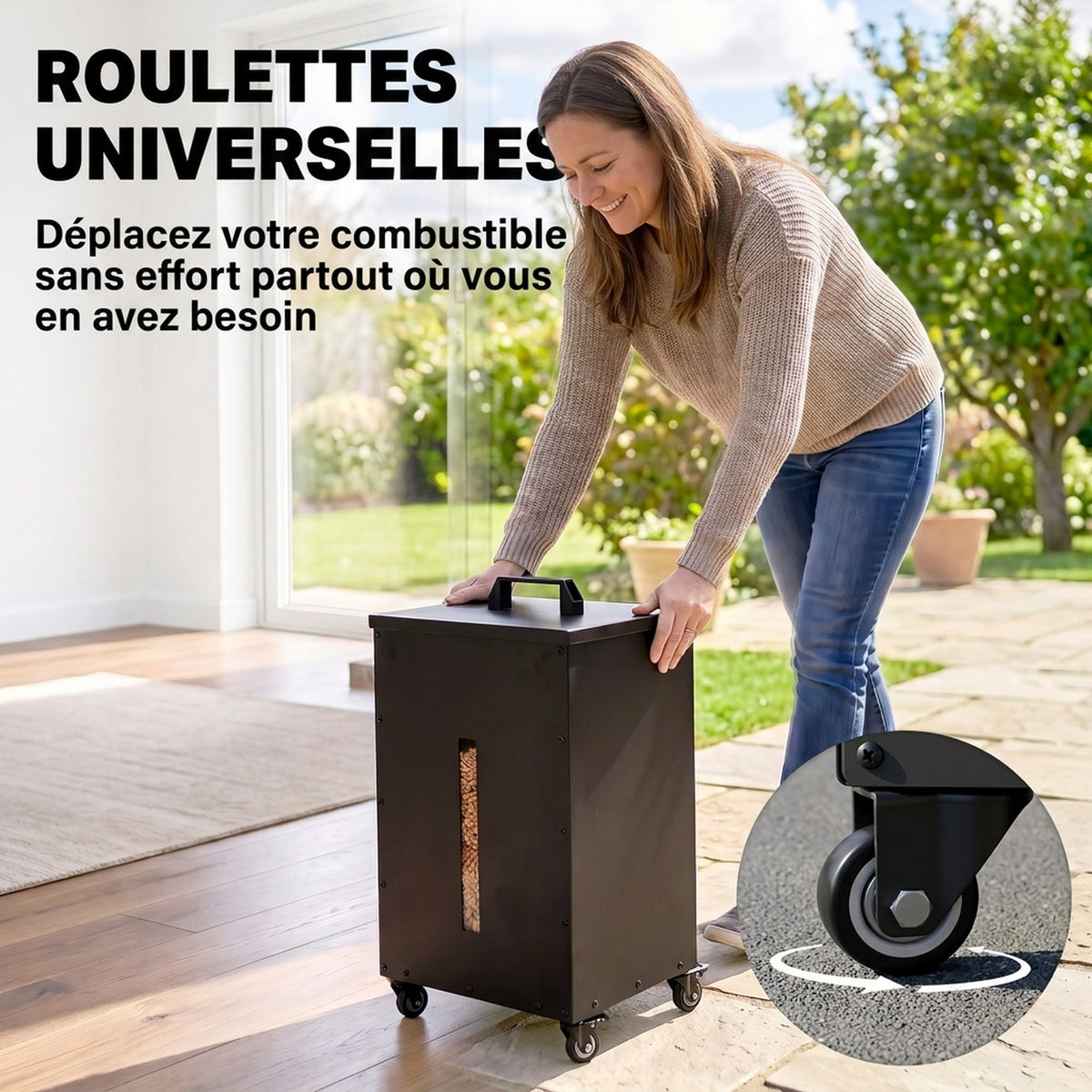 Réservoir à Pellets Granulés en Acier 30 kg, Roulettes, Fenêtre de Niveau, Tamis avec Poignée, 36,5x36,5x61,5cm, Noir-6