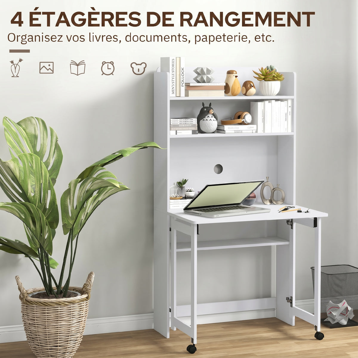 Bureau informatique avec étagères de rangement plateau rabattable 2 roulettes pour chambre salon 80 x 69 x 155 cm blanc-4