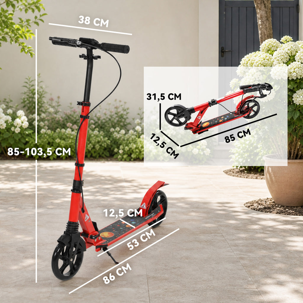 Trottinette Pliable en Aluminium, Guidon Réglable, Freinage Double à Main/Pédale, Roues PU 18 cm, 86x38x103,5cm, Rouge-2
