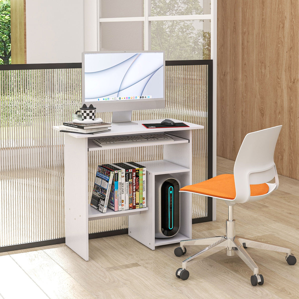 Bureau d'ordinateur, bureau avec rangement, plateau pour clavier et support de moniteur, 80 x 45 x 75 cm, blanc-1