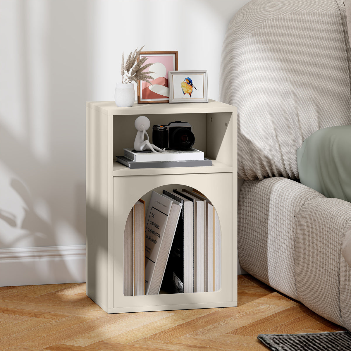 Table de chevet, table de nuit avec compartiments ouverts, design arqué, 40 x 30 x 60 cm, crème-9
