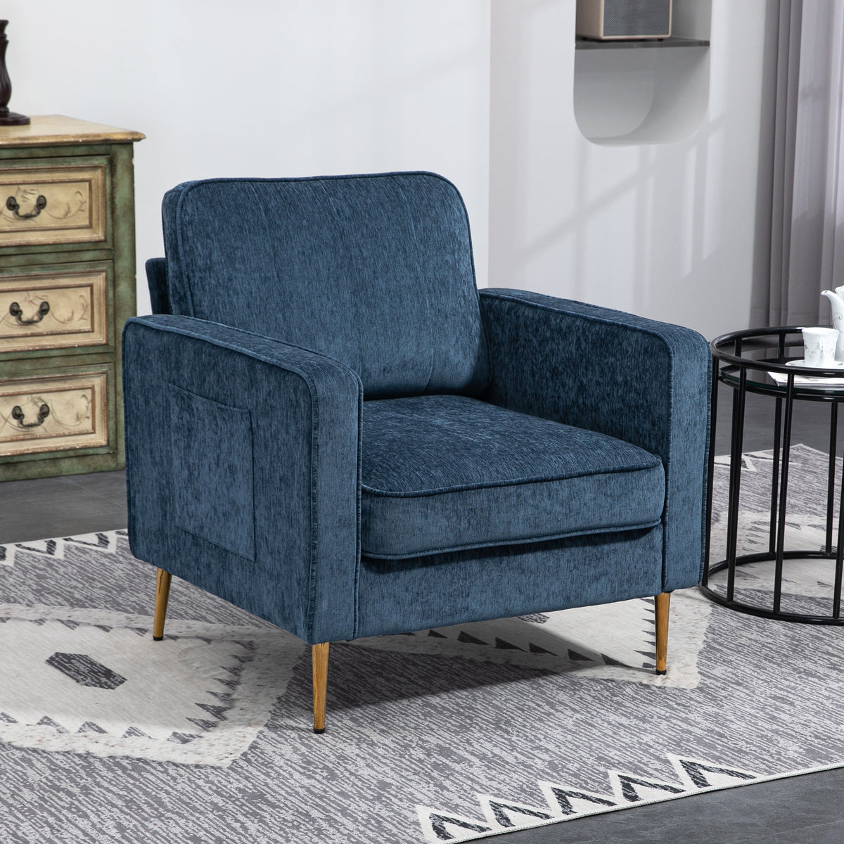 Fauteuil en tissu avec pieds en acier doré, grand confort, pochettes latérales, pour salon, bureau, chambre, bleu-9
