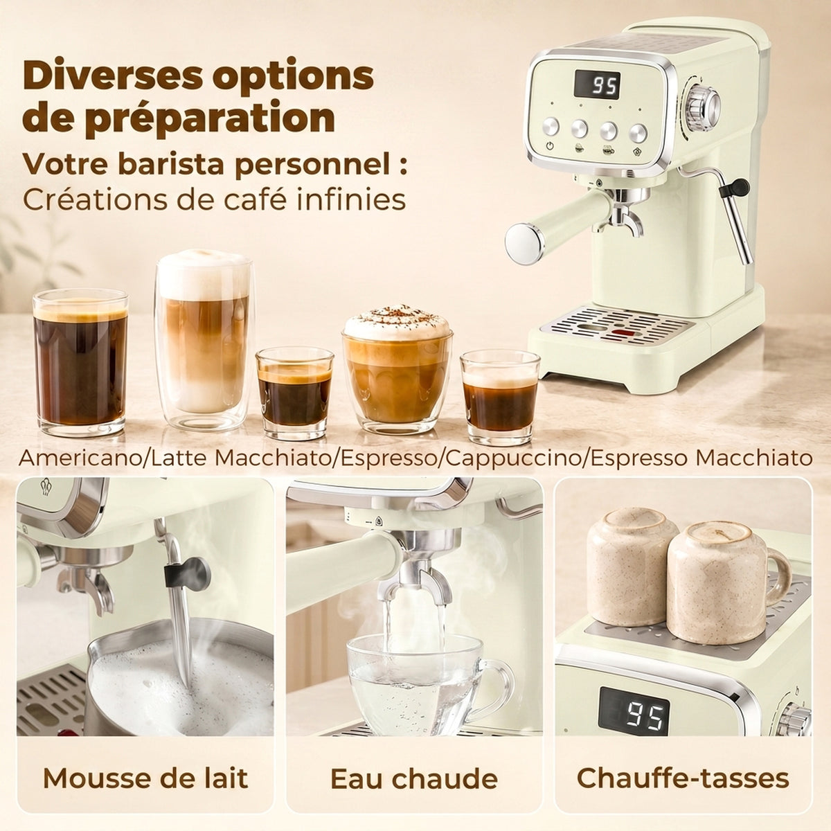 Machine à Expresso avec Buse Vapeur à Mousse de Lait, Cafetière 20Bars, Réservoir d'Eau Amovible 1,2 L, Crème-4