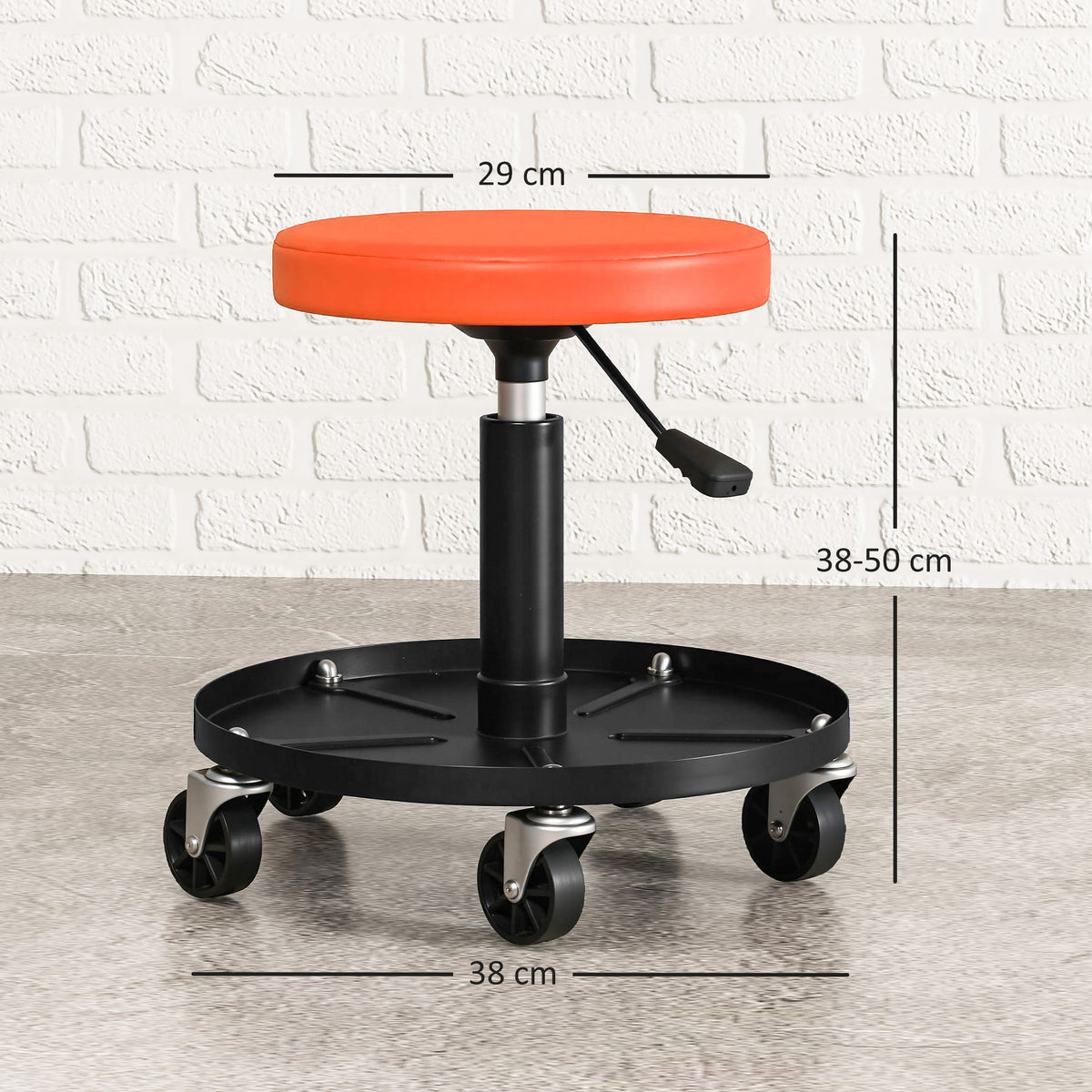 Tabouret d'atelier à 5 roulettes pivotantes 360°, hauteur réglable 38-50 cm, avec plateau, 38 x 38 x 38-50 cm, orange-2