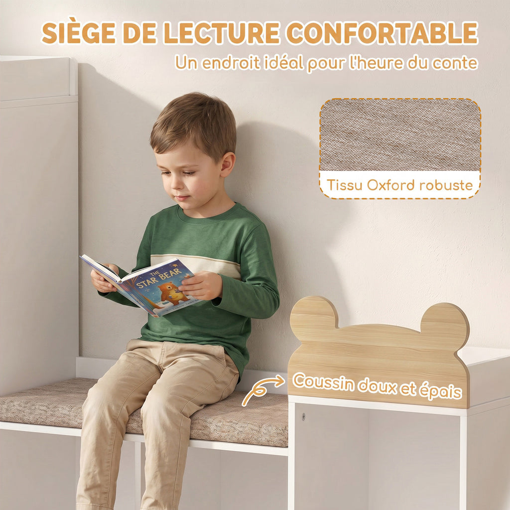Bibliothèque Enfant, Meuble Rangement Enfant 3 en 1 avec Banc, 6 Compartiments, 2 Étagères, Coussin d'Assise, Blanc-4