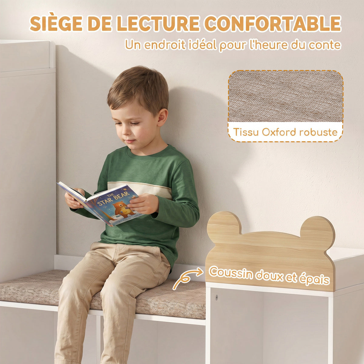 Bibliothèque Enfant, Meuble Rangement Enfant 3 en 1 avec Banc, 6 Compartiments, 2 Étagères, Coussin d'Assise, Blanc-4