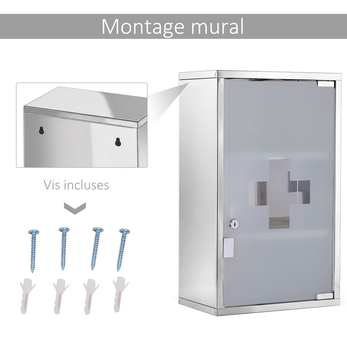 Armoire à pharmacie murale à 3 niveaux en acier inoxydable avec porte verrouillable en verre avec 2 clés-4